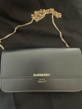 Burberry Black Leather Crossbody with Gold Chain